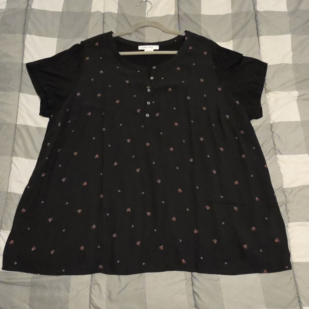 2X Women's Mixed Media Black Patterned T Shirt Blouse